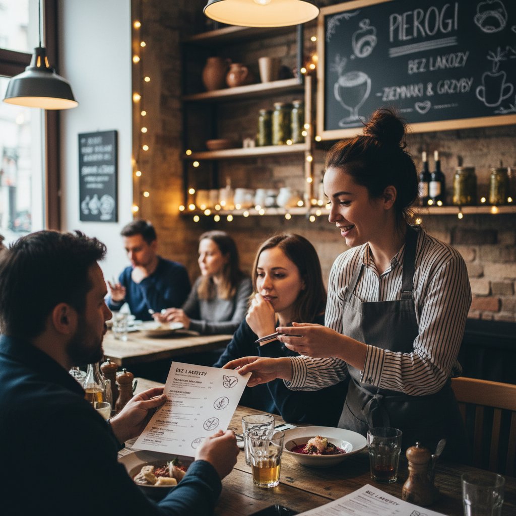 Polski bistro, kelner tłumaczy opcje bez laktozy, dynamiczna interakcja, styl dokumentalny.