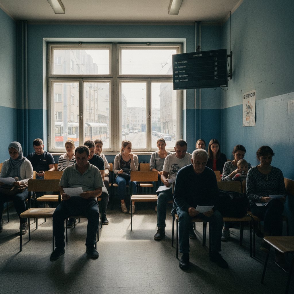 Poczekalnia kliniki plastycznej w Polsce, różnorodni pacjenci, napięta atmosfera