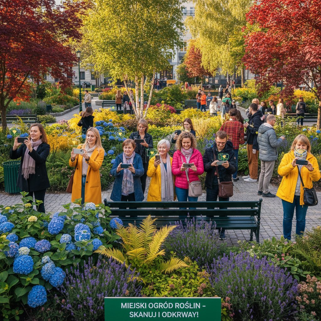 Ludzie w parku korzystający z aplikacji do identyfikacji roślin