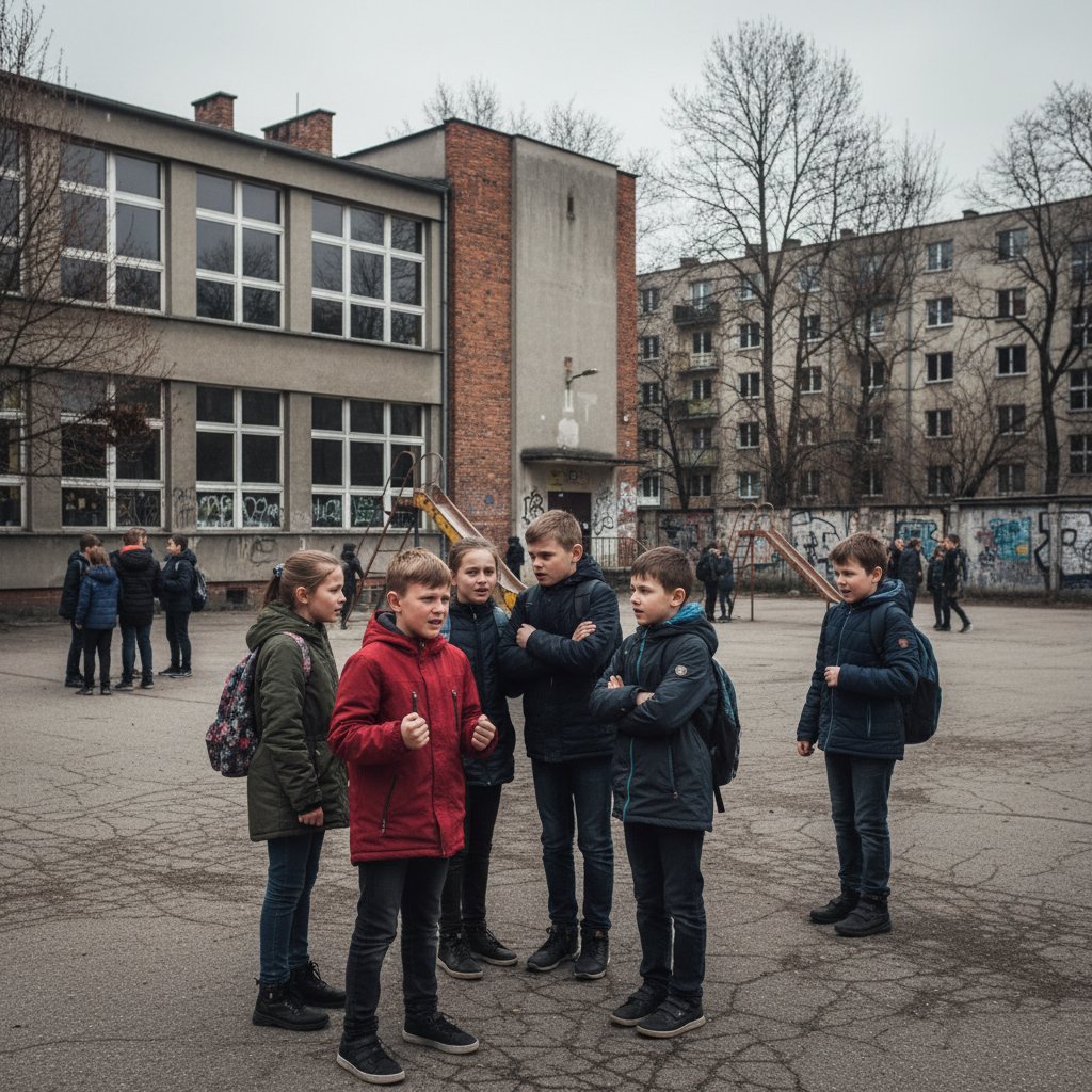 Polskie dzieci na szkolnym boisku, różnorodne emocje na twarzach