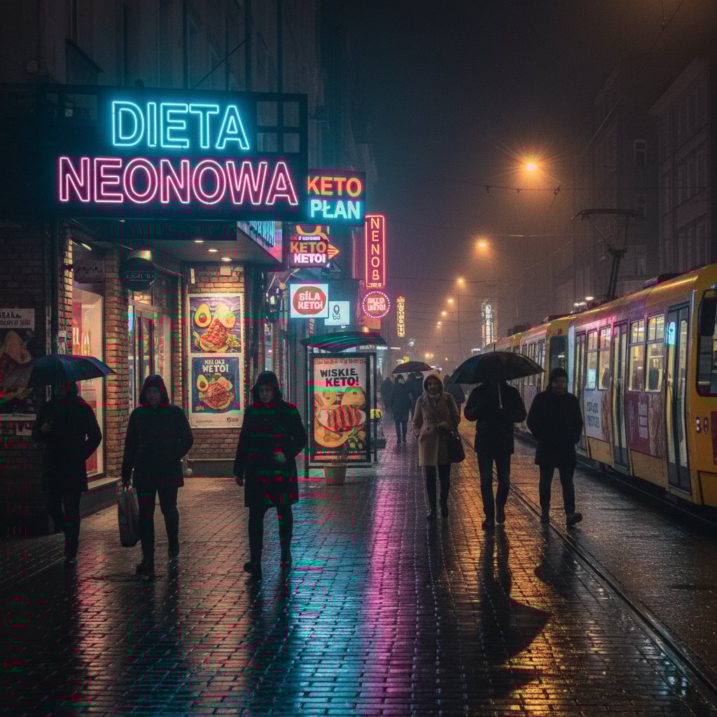 Polska ulica nocą z reklamami diety ketogenicznej, neony i plakaty z hasłami keto