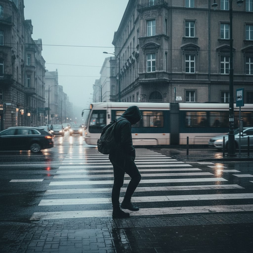 Osoba zmagająca się z rozpoznaniem otoczenia na polskiej ulicy.