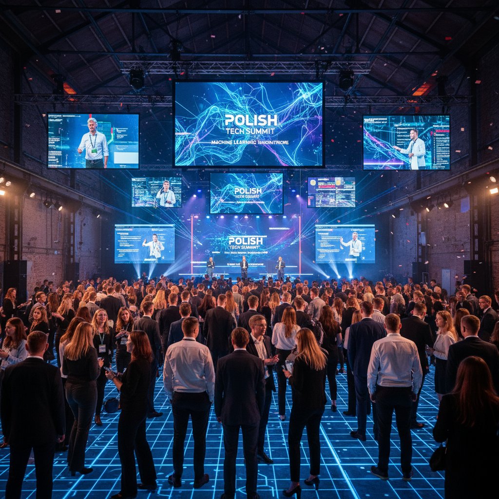 Polska konferencja technologiczna o uczeniu maszynowym, sala pełna ludzi z ekranami prezentującymi wizualizacje uczenia maszynowego, nowoczesne wnętrze