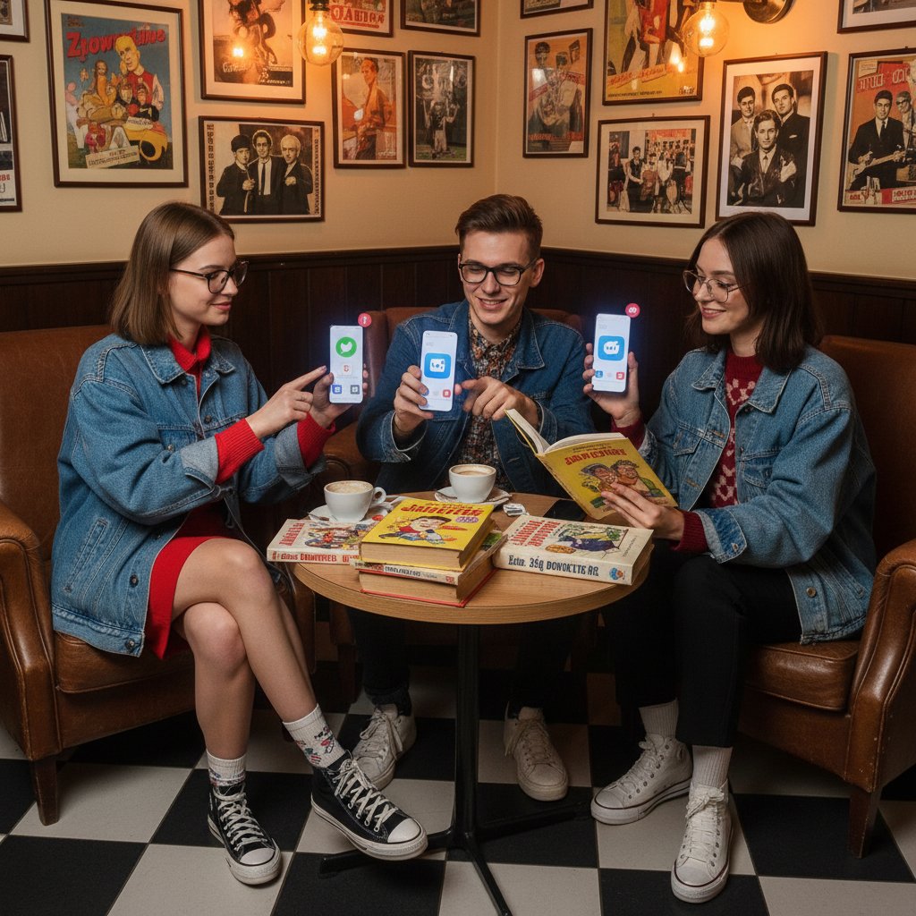 Polska młodzież czytająca dowcipy, z cyfrowymi powiadomieniami