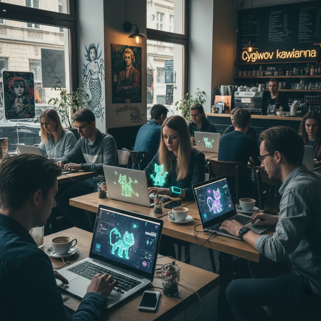 Symulatory wychowania psa w polskiej kulturze, młodzi dorośli w warszawskiej kawiarni z laptopem