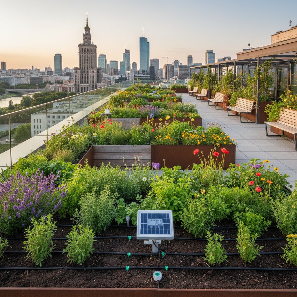 Nowoczesny ogród na dachu biurowca z automatycznym systemem nawadniania w Warszawie