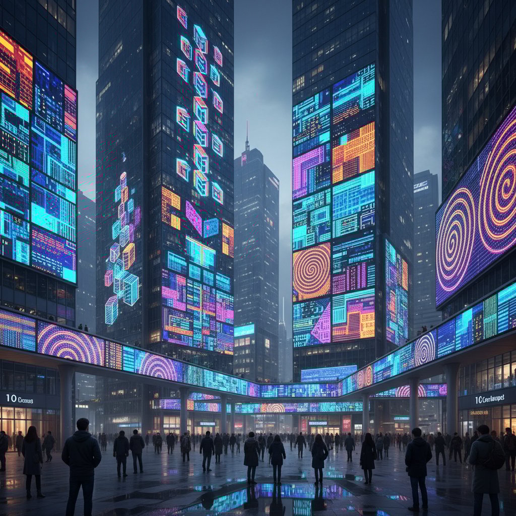 Wielkomiejska przestrzeń z billboardami prezentującymi powielane motywy sztuki cyfrowej