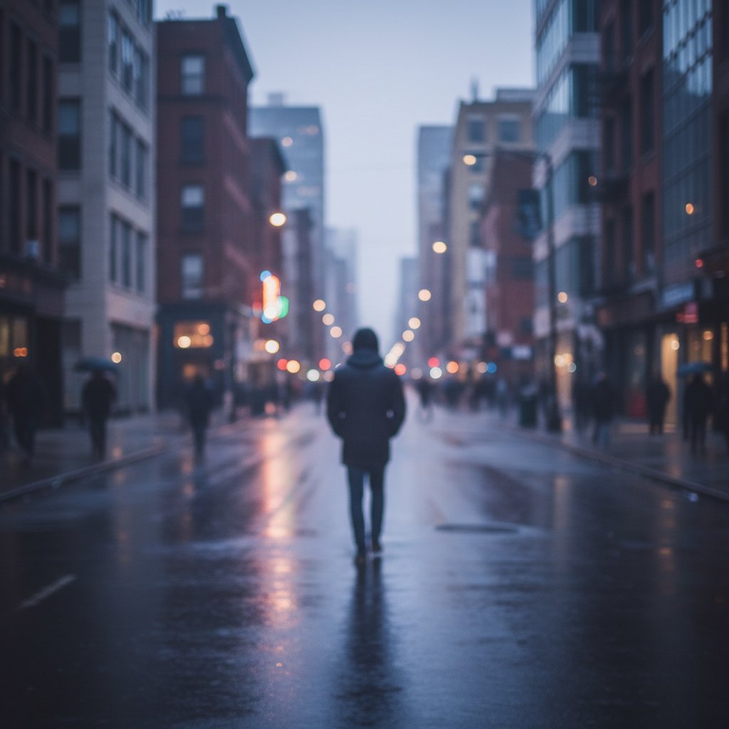 Osamotniona osoba na tle miasta, metafora niezrozumienia zaburzeń funkcji wykonawczych