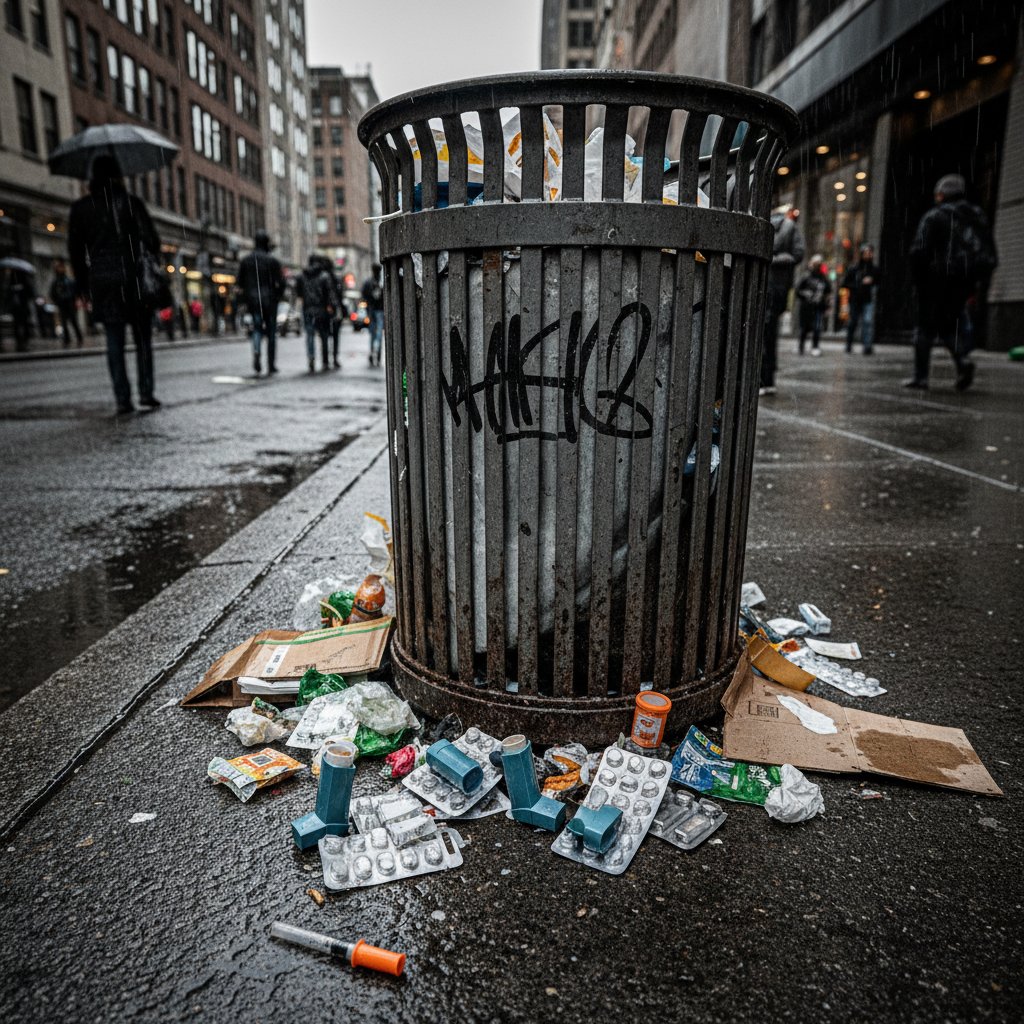 Publiczny kosz na śmieci pełen opakowań po inhalatorach w centrum miasta, surowy klimat dokumentalny