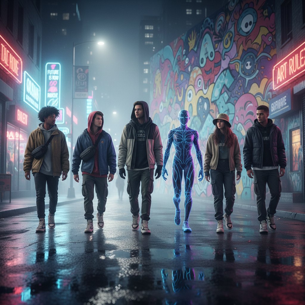 Młodzi ludzie w miejskim stylu streetwear na tle graffiti, awatar cyfrowy, nocne światło