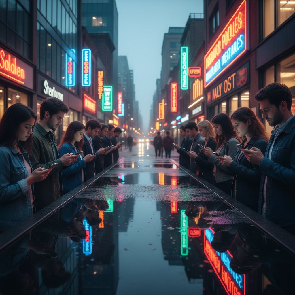 Zdjęcie młodych dorosłych przeglądających telefony na zatłoczonej ulicy, z niepokojem w oczach; idealne oddanie klimatu FOMO