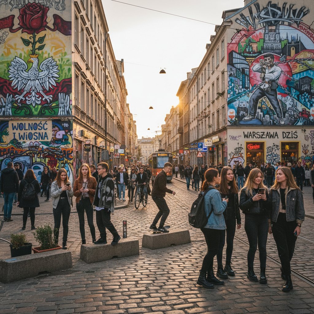 Grupa młodych ludzi rozmawia na ulicy Warszawy, naturalnie używając polskiego slangu, klimaty miejskie, ściany z graffiti