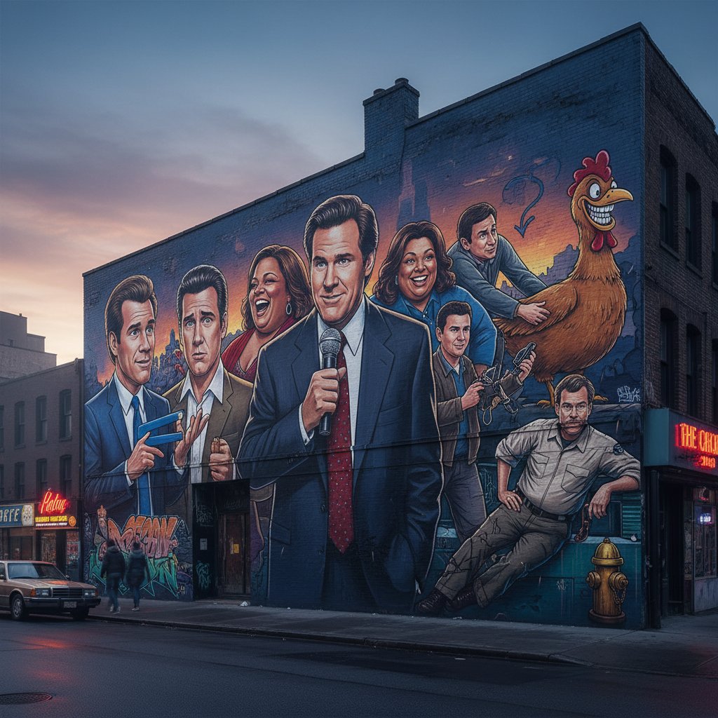 Urban street mural with iconic comedy movie characters, dusk moody lighting, capturing the spirit of situational comedy movies