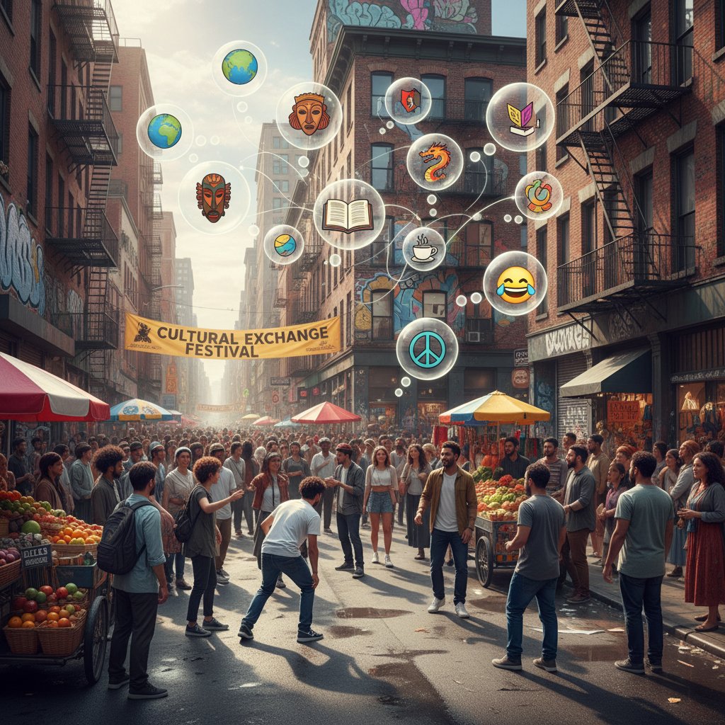 Scena uliczna w mieście, różnorodni ludzie rozmawiający z dymkami symbolizującymi myśli