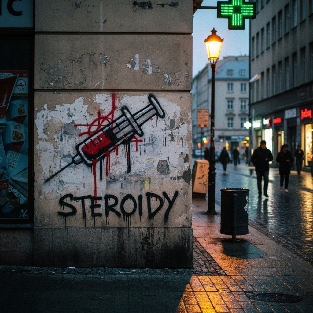Graffiti z napisem „sterydy” na ścianie apteki.