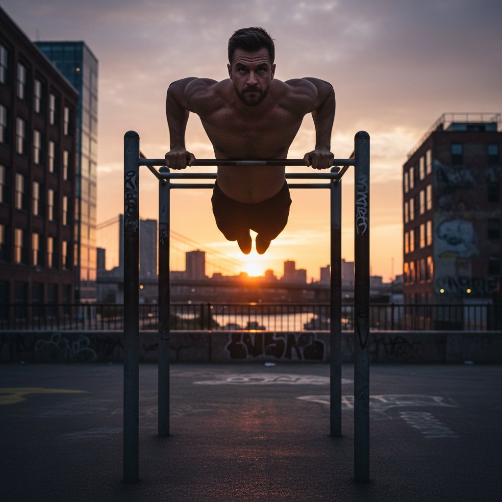 Intensywna sesja treningu interwałowego na miejskim podwórku o zmierzchu