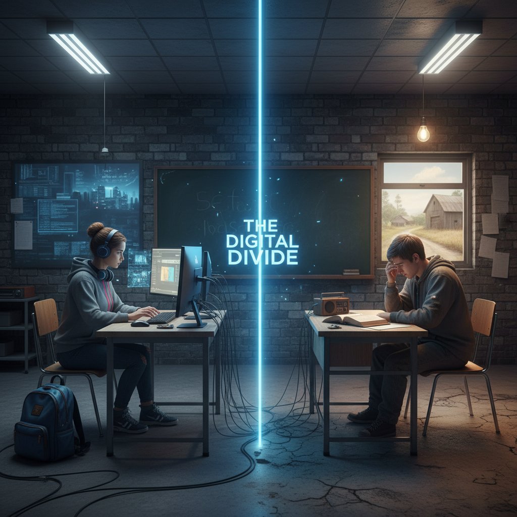 Uczniowie z różnych środowisk, jeden z laptopem, drugi bez sprzętu na tle szkolnej klasy