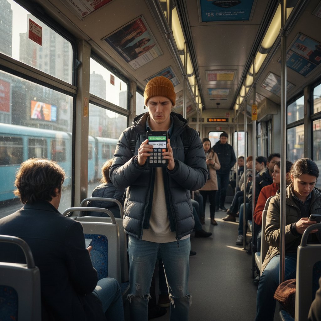 Uczeń korzystający z kalkulatora funkcji na smartfonie podczas jazdy tramwajem, funkcje matematyczne online w życiu codziennym