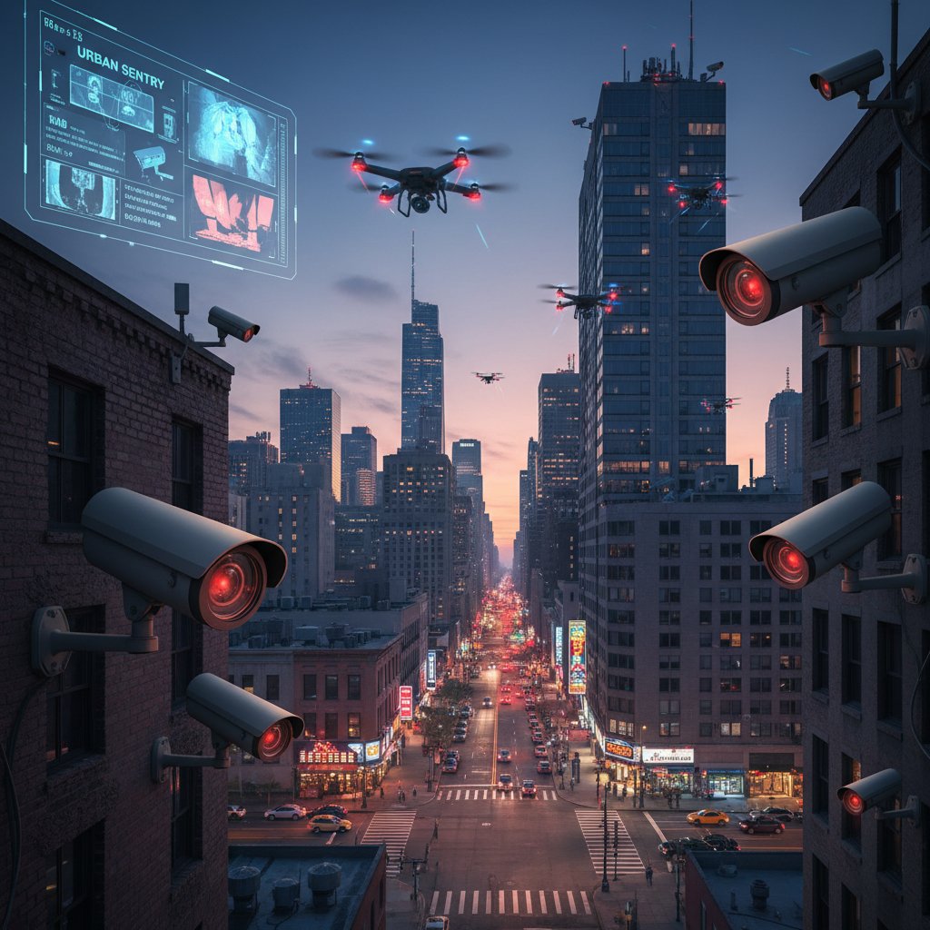 Kamery miejskiego monitoringu wtapiające się w krajobraz miasta, zmierzch, światła uliczne