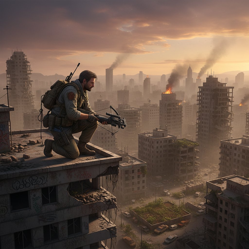 Urban chaos scene of a lone survivor navigating city ruins, contrasting with traditional wilderness survival