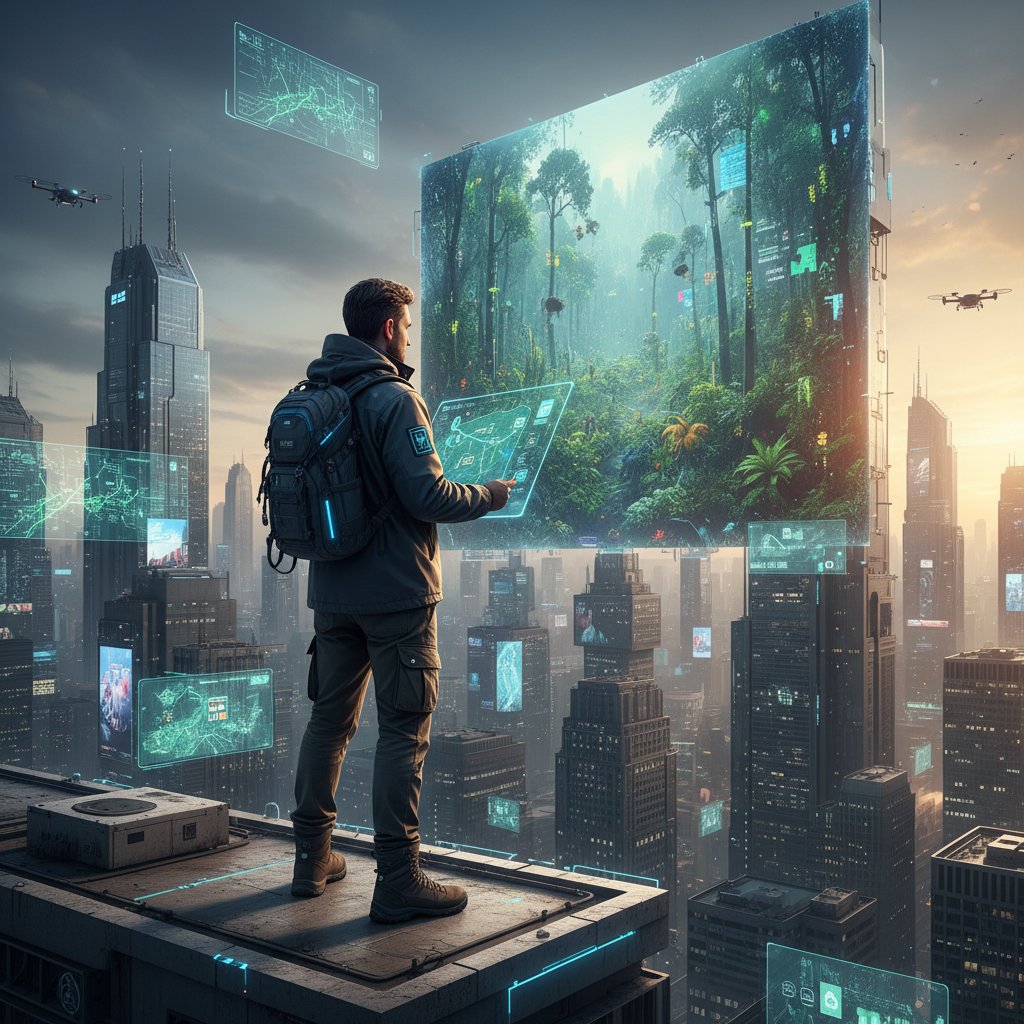 Modern urban dweller stares at a screen showing wilderness survival scenes, blending city and nature in one photo