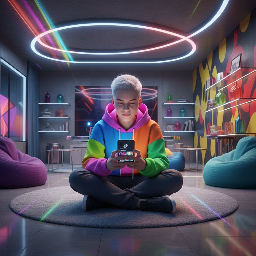 Nastolatek z tikami oglądający TikTok w swoim pokoju, mocne kolory, nowoczesny wystrój