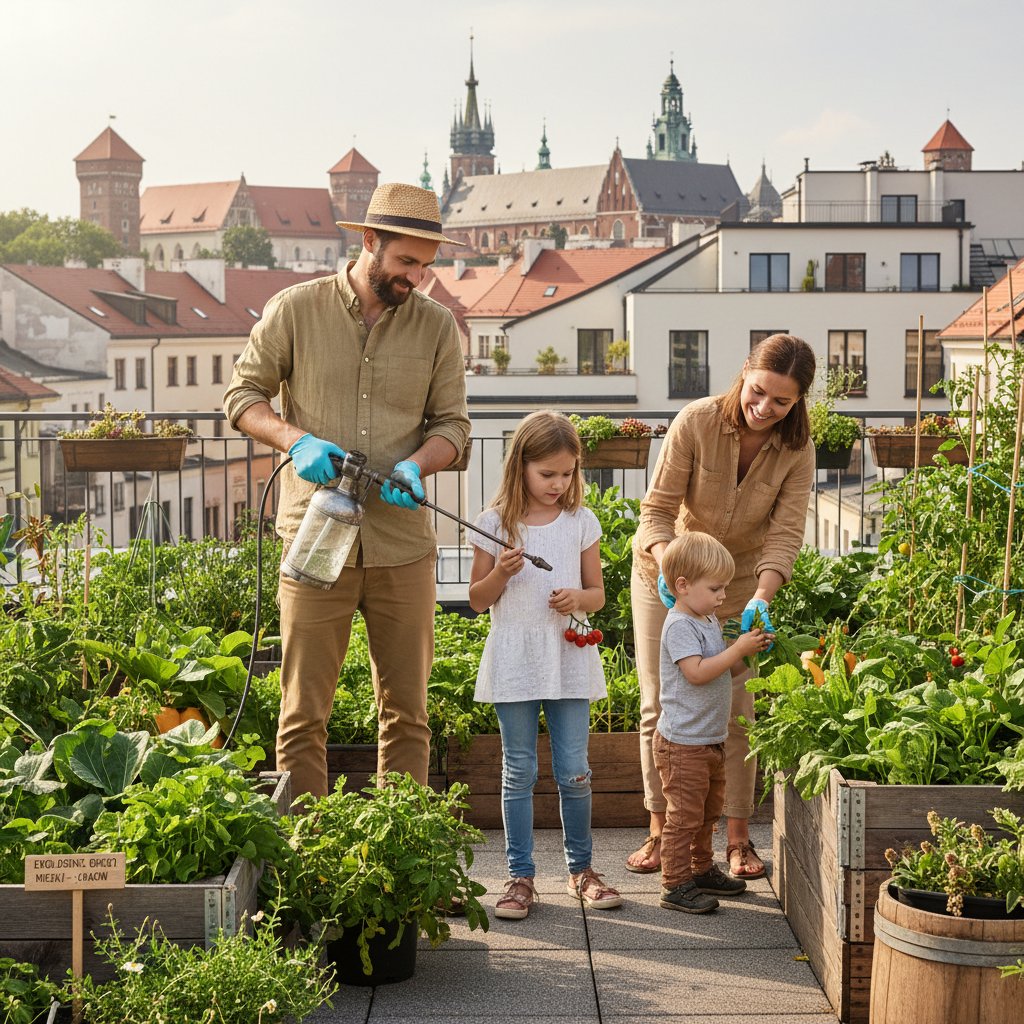 Miejski ogródek warzywny, młoda rodzina opryskuje rośliny naturalnymi metodami