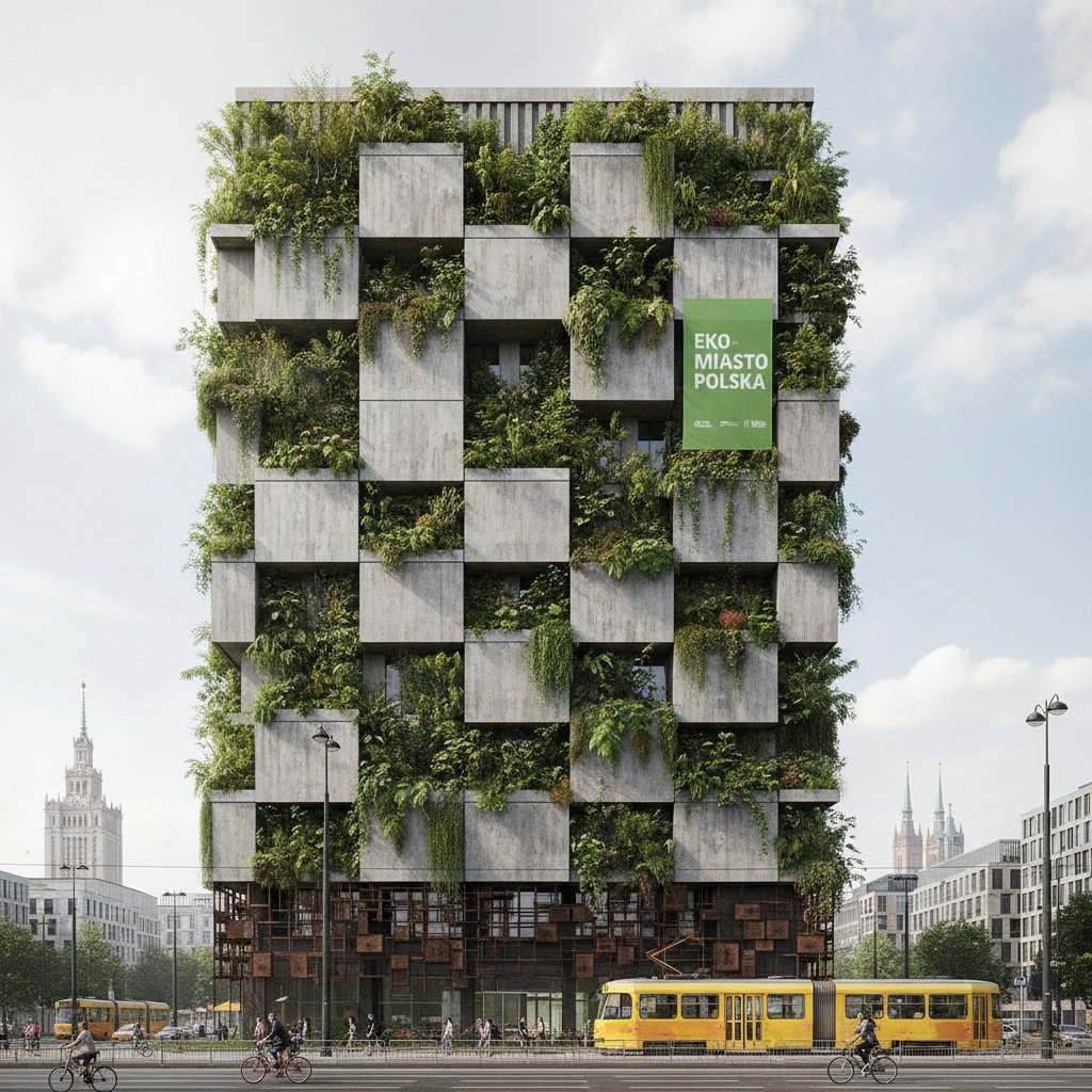 Zielona ściana w centrum miasta otoczona betonem, wyraźny kontrast