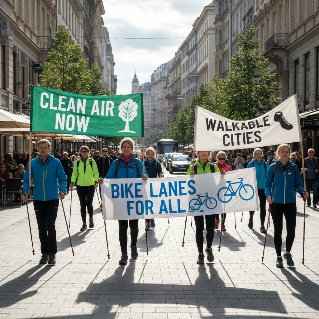Grupa urban walking maszeruje z transparentami przez centrum miasta