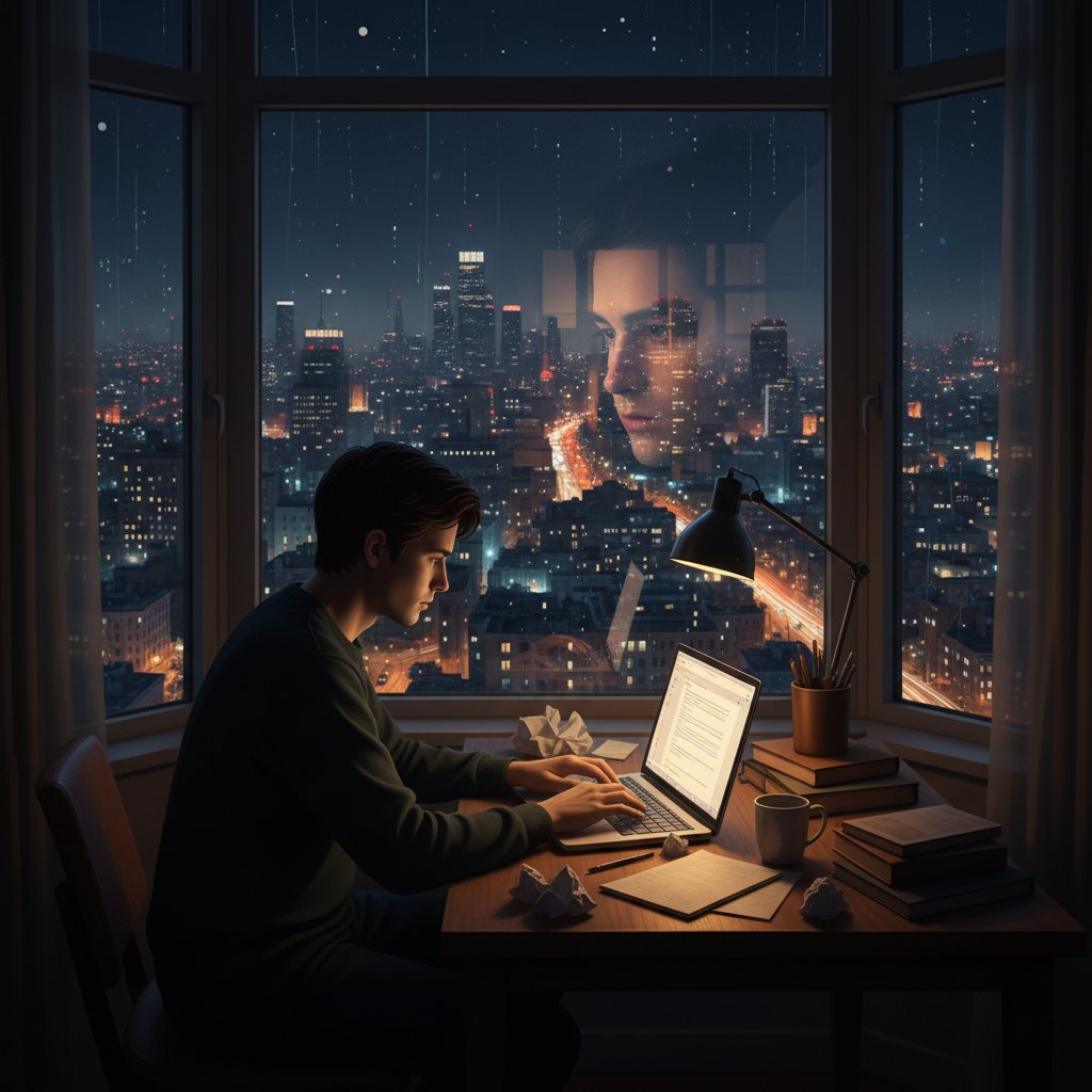 Miejski pisarz patrzący przez okno na nocną panoramę miasta, refleksja nad przyszłością słowa