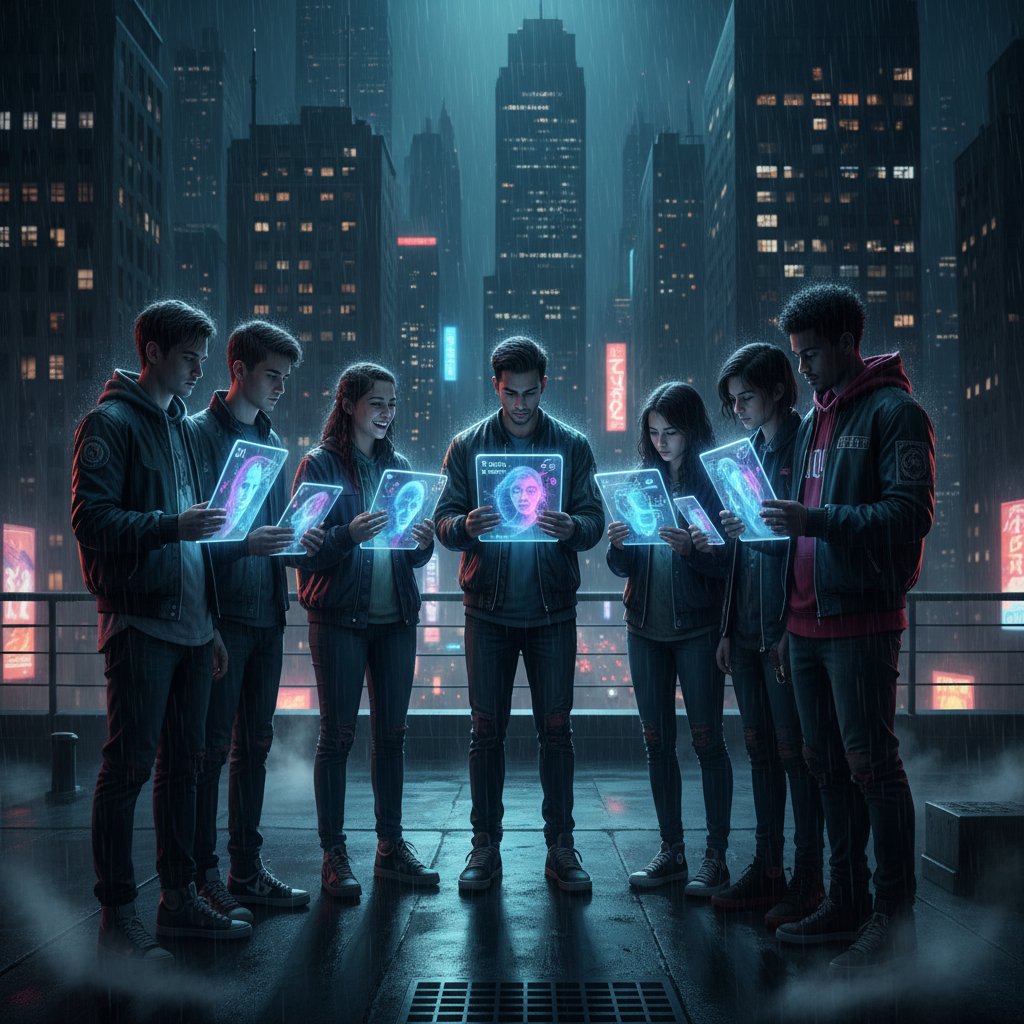 Młodzi dorośli rozmawiający przez holograficzne urządzenia w nocnym mieście, pokazujący nowoczesne wirtualne randki