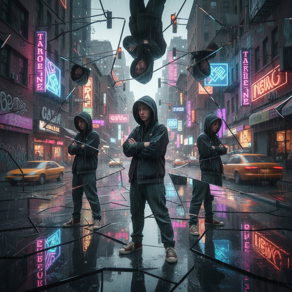 Urban youth face fractured mirror world, symbolizing divergent movies and their psychological impact