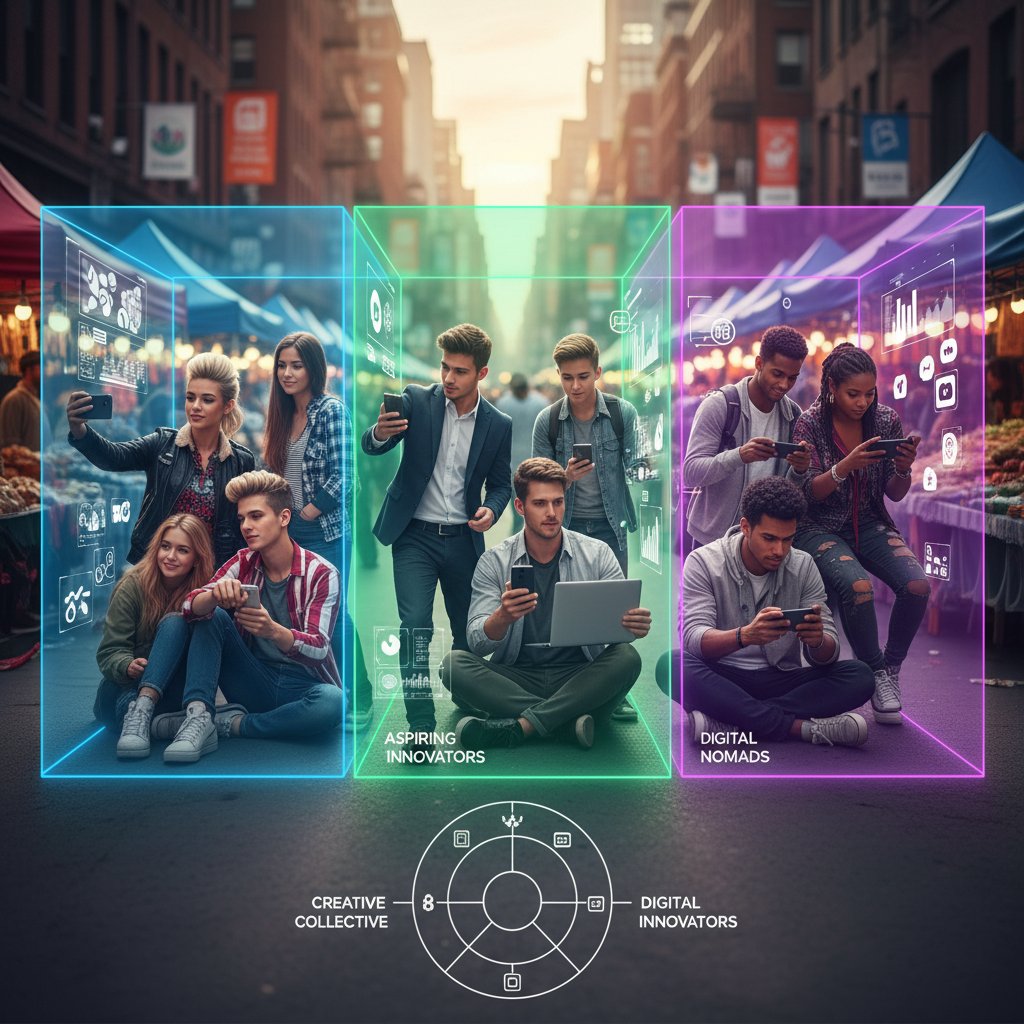 Zdjęcie młodych konsumentów pochłoniętych korzystaniem z telefonu w miejskiej przestrzeni, odzwierciedlające psychograficzne segmenty