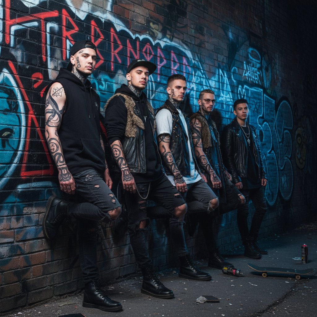 Urban youth with Norse tattoos and graffiti of runes, showing norse mythology movie influence on fashion and culture