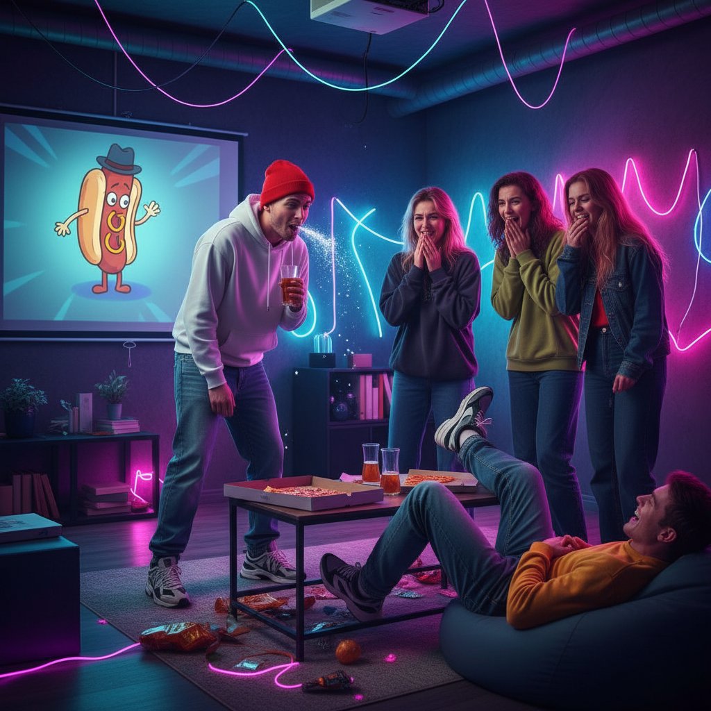 Urban youth watching an unconventional comedy, surprised reactions, neon-lit room, 16:9