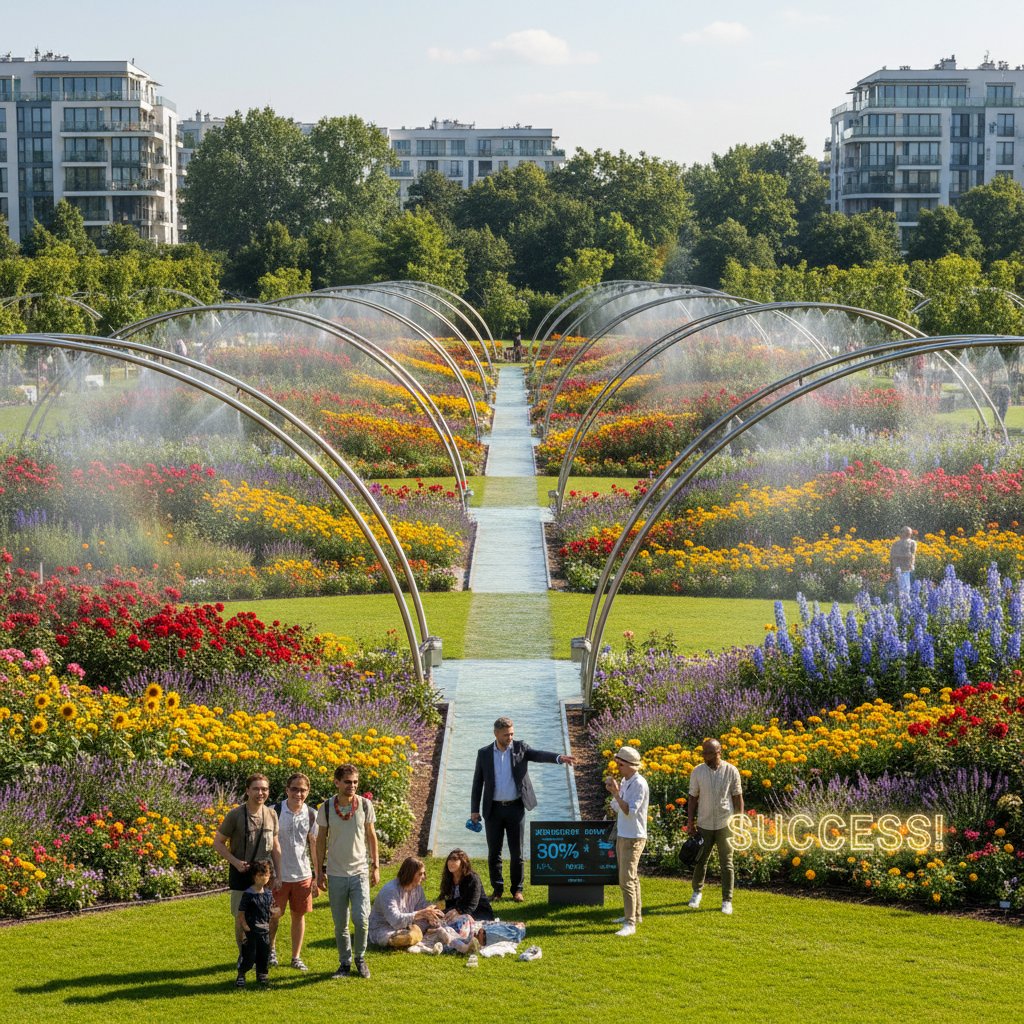 Ogród na Ursynowie, widoczne kwitnące rabaty i nowoczesny system nawadniania