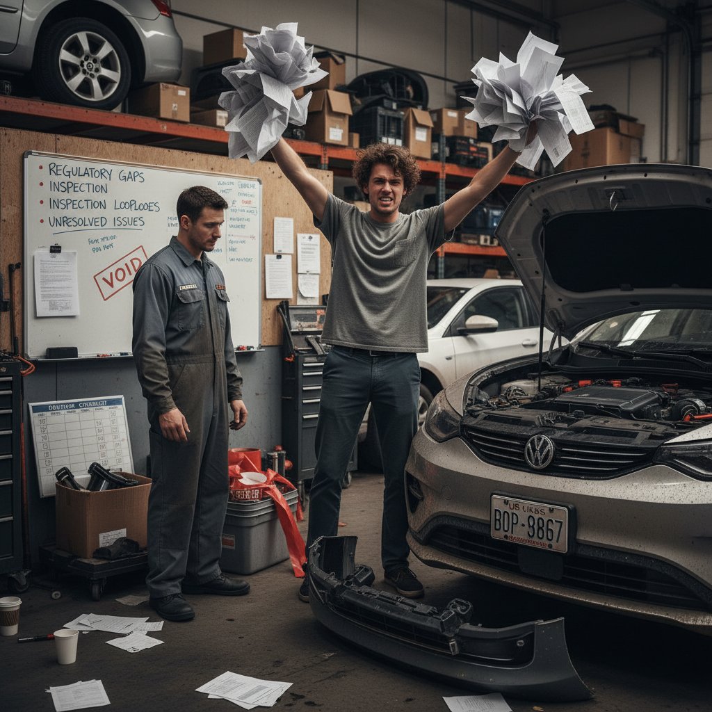Frustrated car buyer in U.S. garage, uncertain about inspection standards, cluttered paperwork