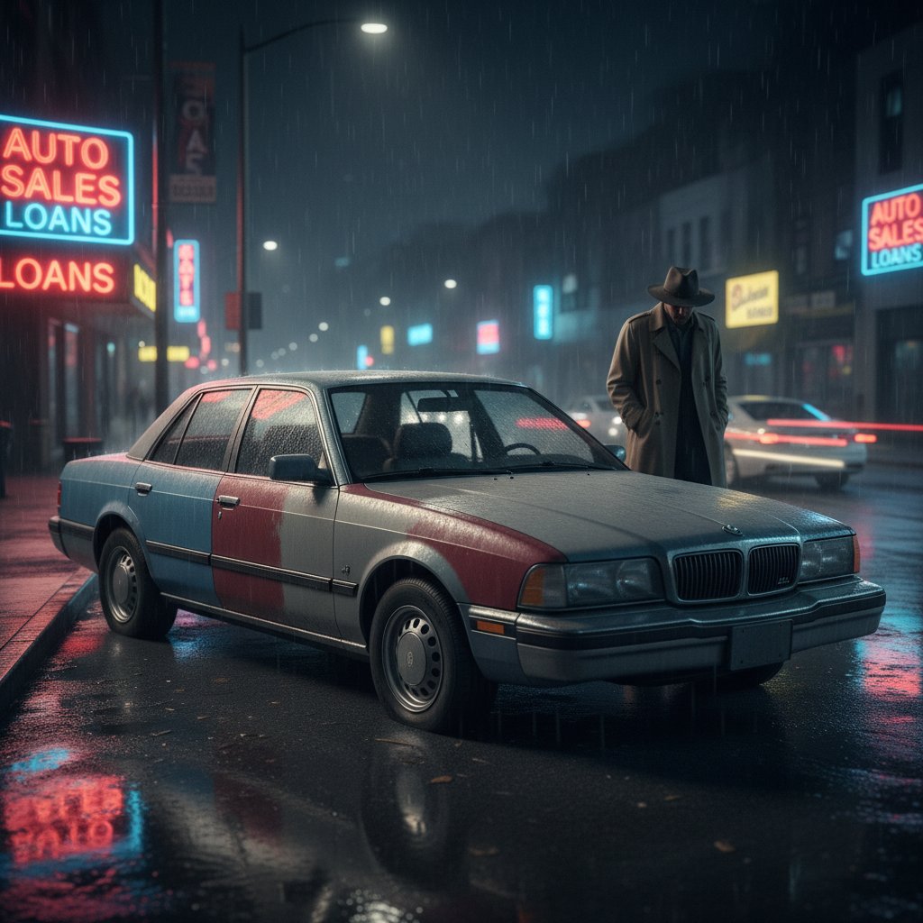 Rain-soaked used car with visible and hidden damage in city at night