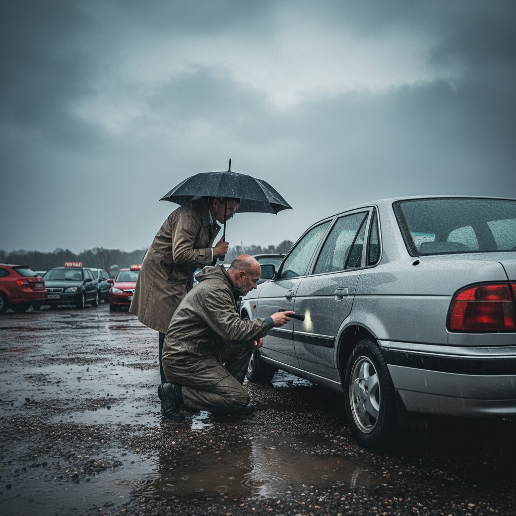 Potential buyer inspecting engine under moody sky.