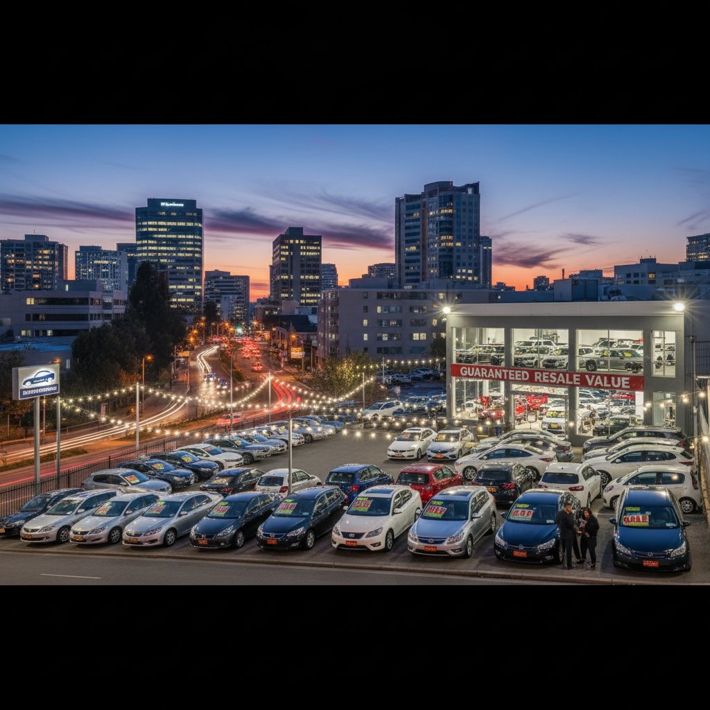 Used cars lined up on a hill, city background, dusk lighting, focus on resale appeal and slopes