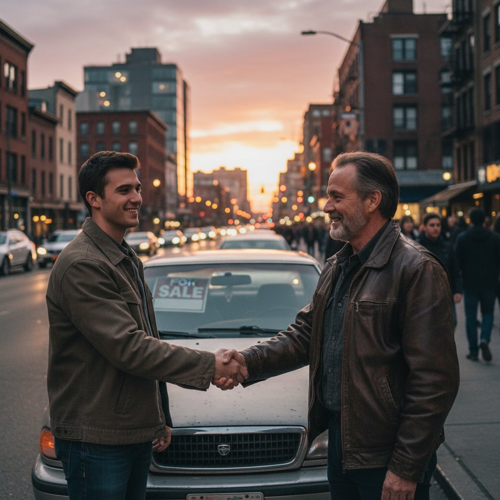 Handshake over used car hood at dusk on a city street, representing successful used car negotiation strategies