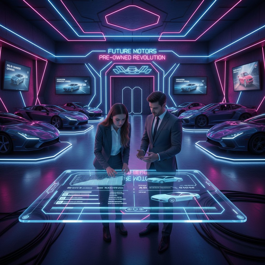 Futuristic photo of a person comparing cars on a tablet in a neon-lit showroom, illustrating online negotiation