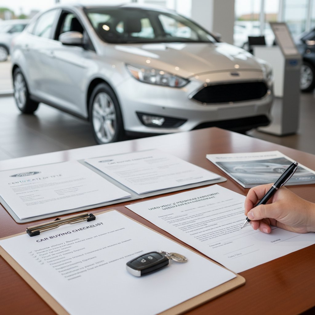 Detailed close-up of hands signing car paperwork and a checklist, emphasizing post-negotiation diligence