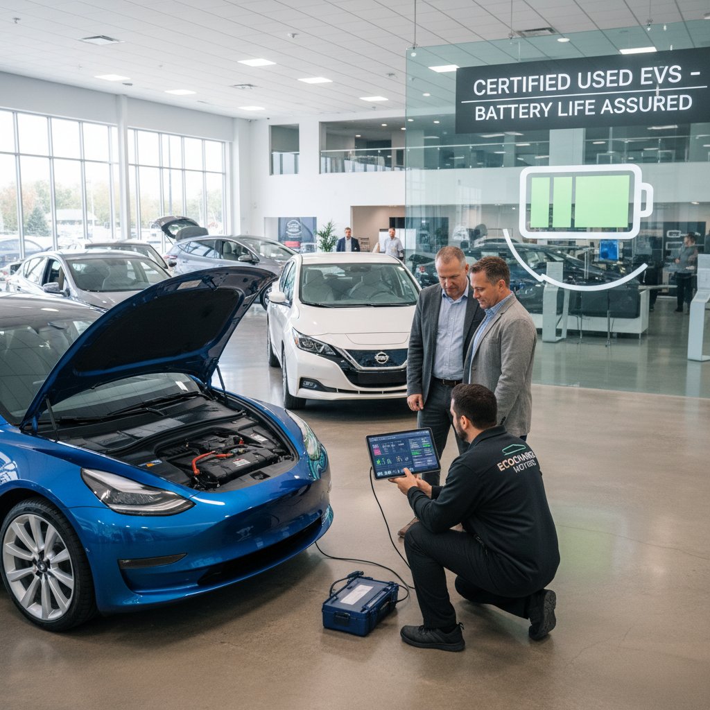 Electric cars with battery diagnostics displayed at a used car lot