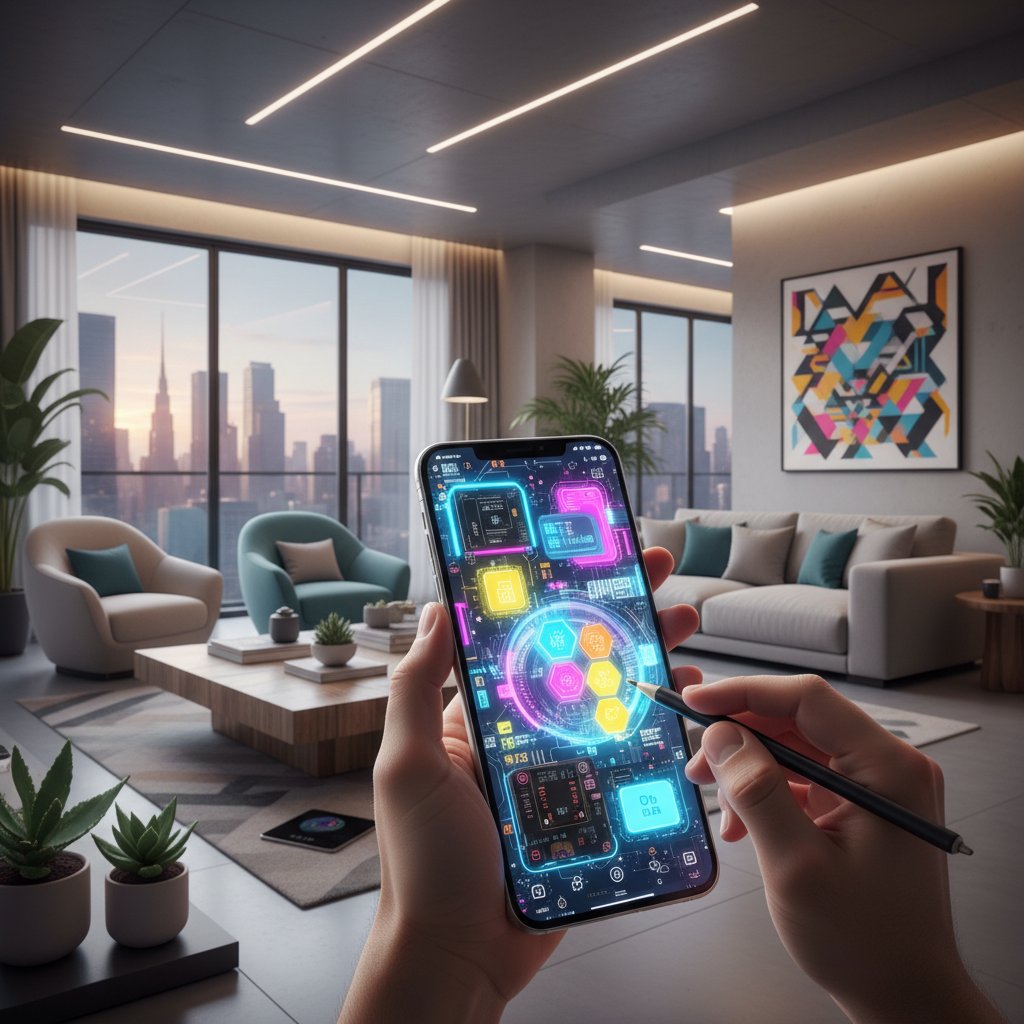 Użytkownik ustawia preferencje rozmowy z AI na smartfonie, kolorowy ekran, nowoczesne wnętrze