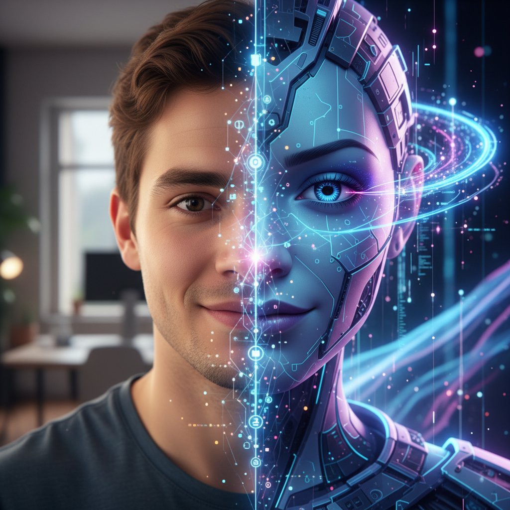 Użytkownik i wirtualna partnerka – dwie strony relacji online, portret podzielony symbolicznie na świat cyfrowy i rzeczywisty