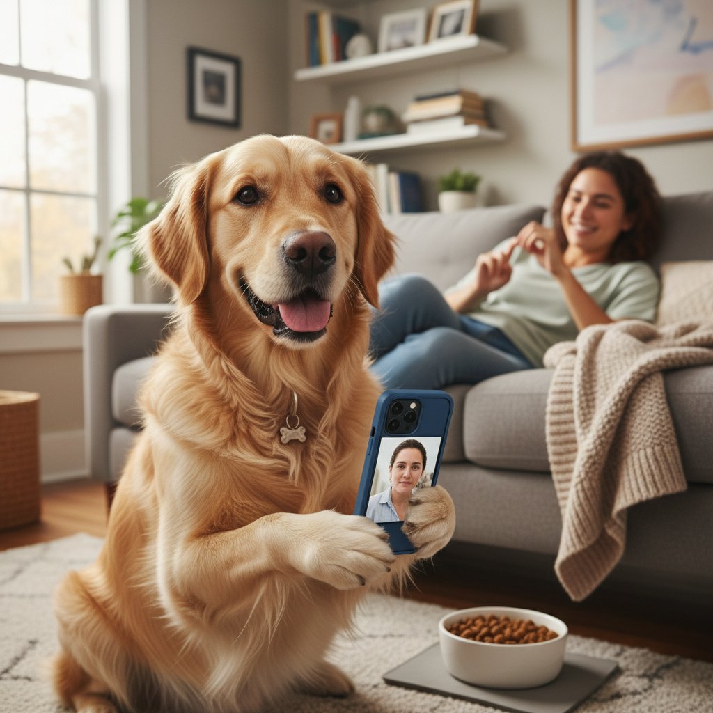 Użytkownik korzystający z wirtualnego psa AI na smartfonie, scena w domowym zaciszu