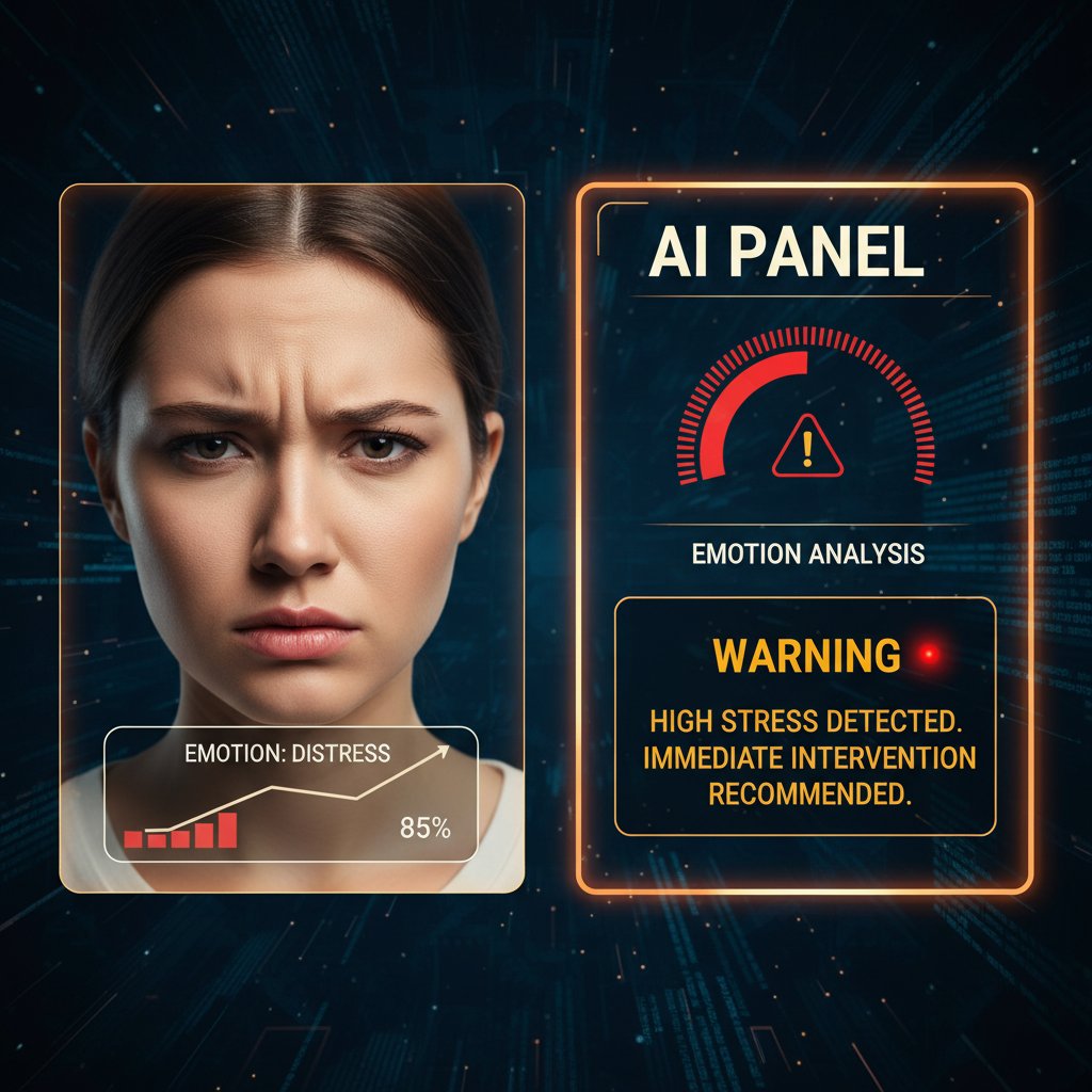 Użytkownik przeglądający panel AI, na ekranie ostrzeżenie o błędach w analizie emocji