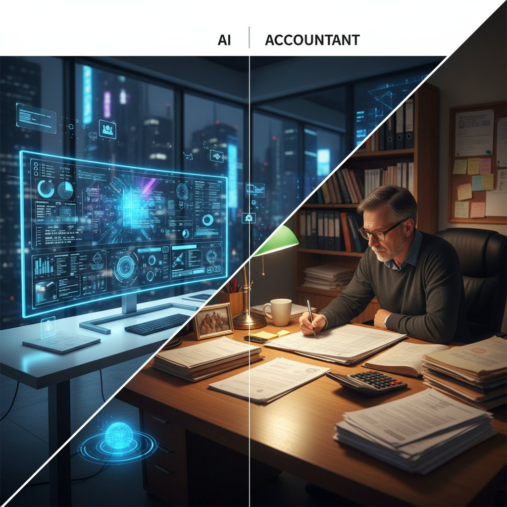 Użytkownik próbujący porównać nowoczesne AI z tradycyjną księgową w biurze