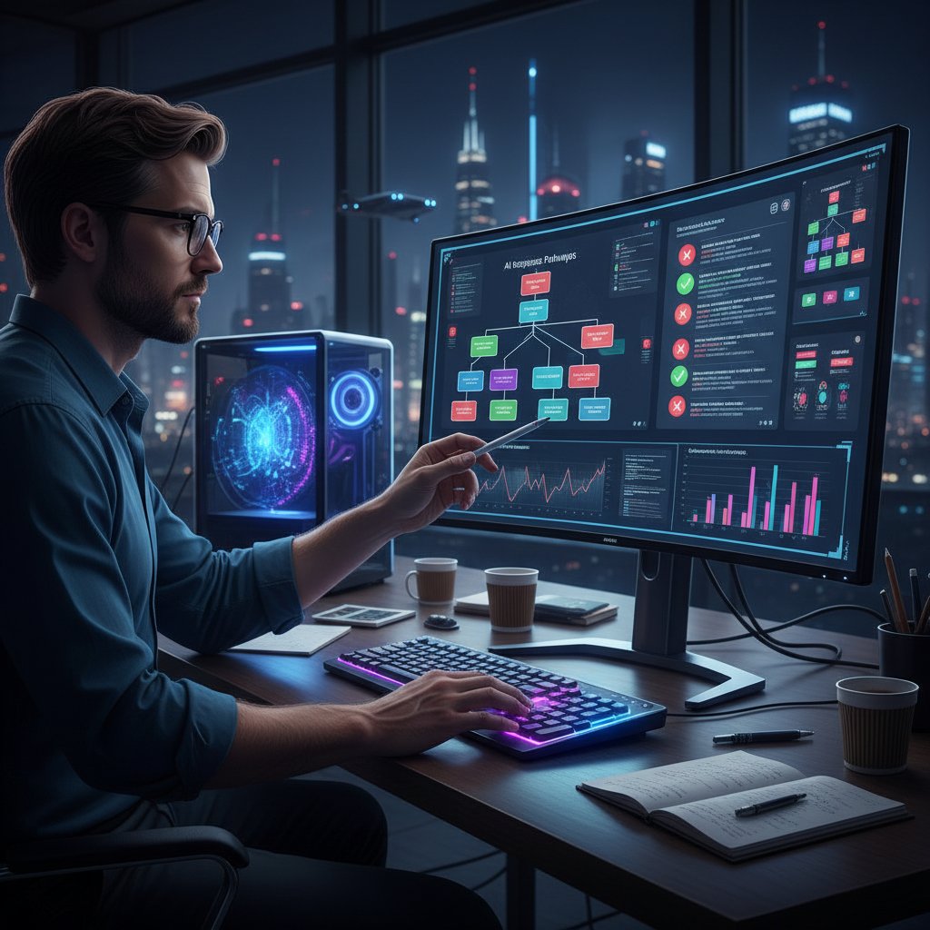 Zdjęcie: Użytkownik analizujący odpowiedzi AI na ekranie komputera